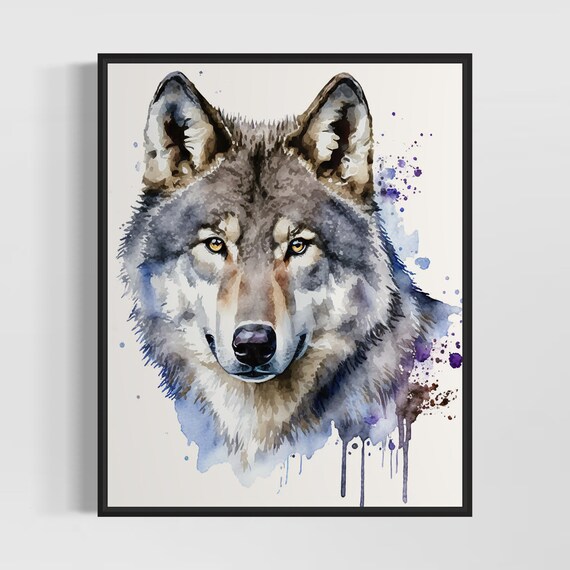 Gray Wolf Intense Gaze Watercolor Splash Portrait Art Poster