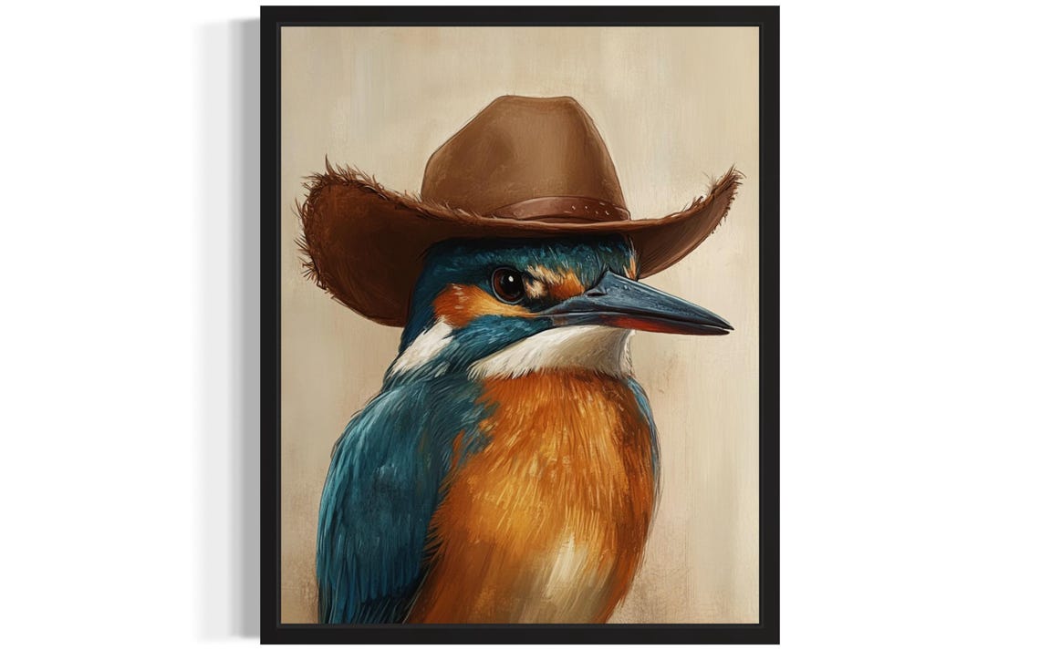 Colorful Kingfisher in Cowboy Hat Funny Western Bird Portrait Poster
