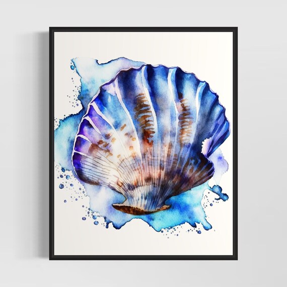 Purple Blue Scallop Shell Watercolor Coastal Seashell Art Poster