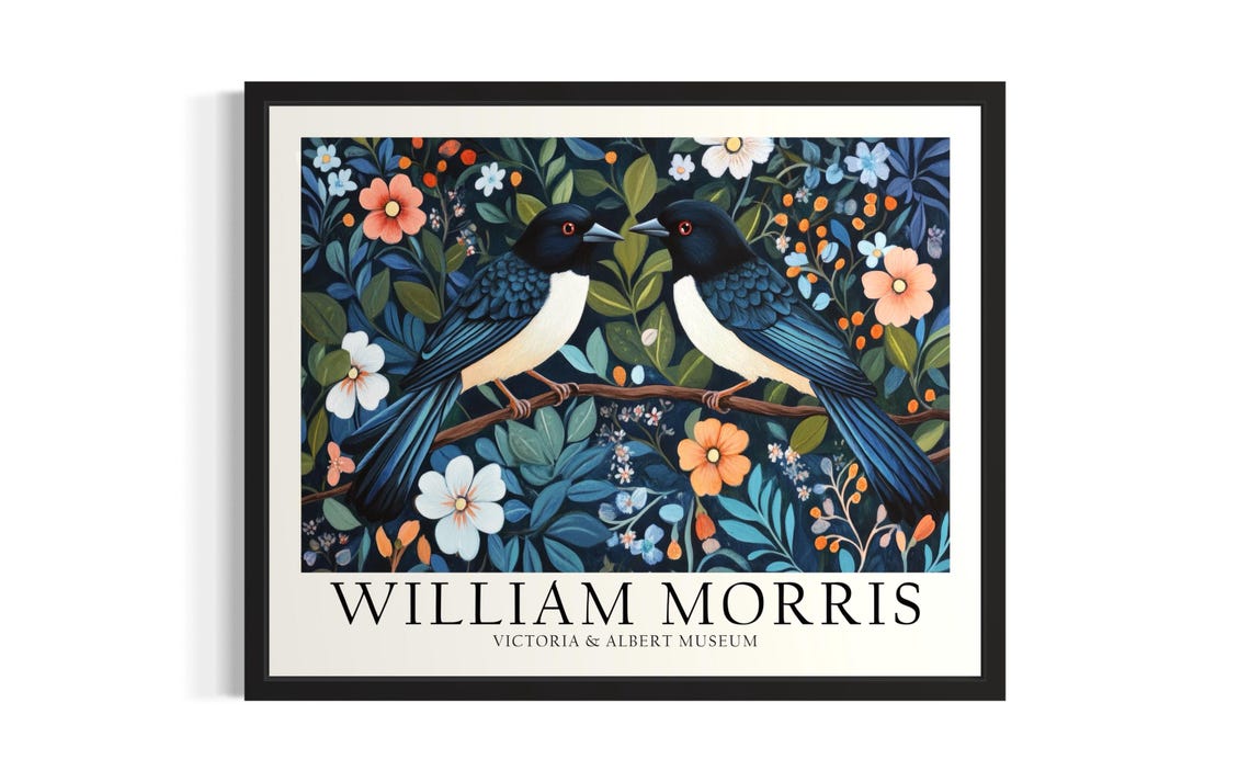 William Morris Magpies Black Floral Pair Vintage Garden Poster