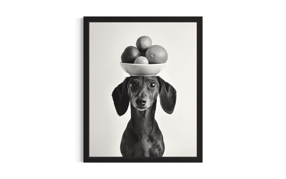 Dachshund Balancing Fruit Bowl Black and White Kitchen Dog Poster