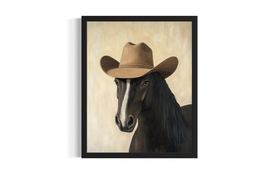 Black Horse Wearing Cowboy Hat Western Portrait Poster Art Piece