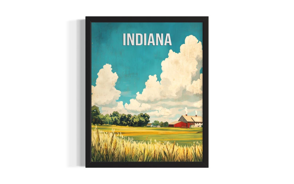 Indiana Golden Wheat Fields Red Barn Summer Sky Vintage Travel Poster