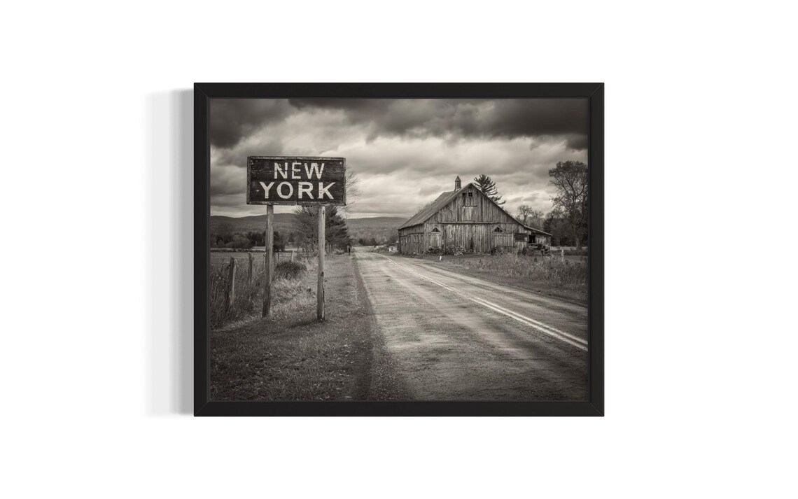 New York Country Road Sign Old Barn Black White Photo Poster