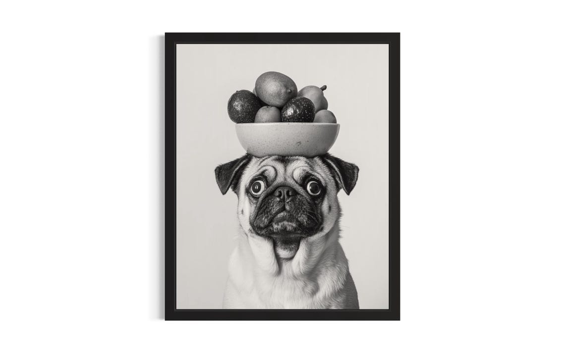 Pug Balancing Fruit Bowl on Head Cute Black and White Kitchen Poster