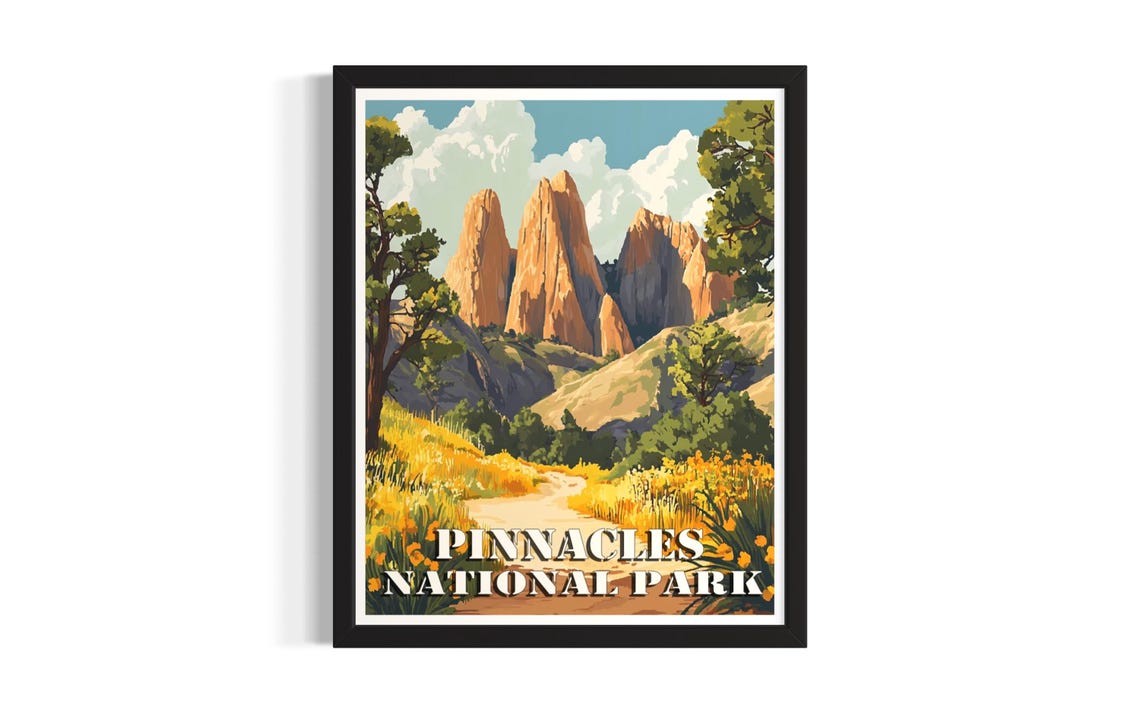 Pinnacles National Park Vintage Rock Spires Trail Travel Poster