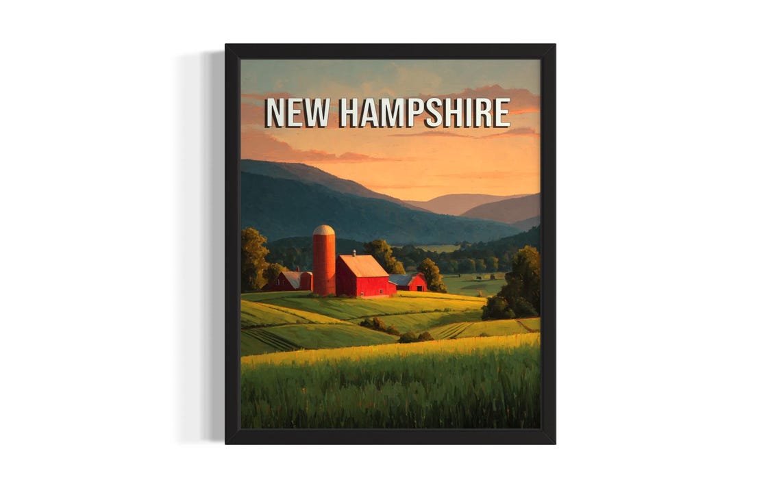 New Hampshire Red Barn Farm Sunset Rolling Hills Vintage Poster Style