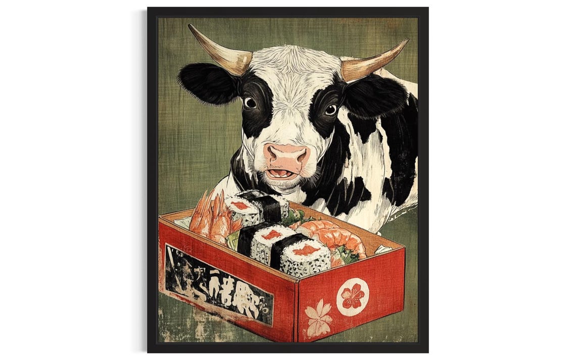 Black and White Cow with Sushi Box Vintage Japanese Art Print