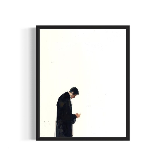 Quiet Praying Priest in Black Robe Devotional Watercolor Poster