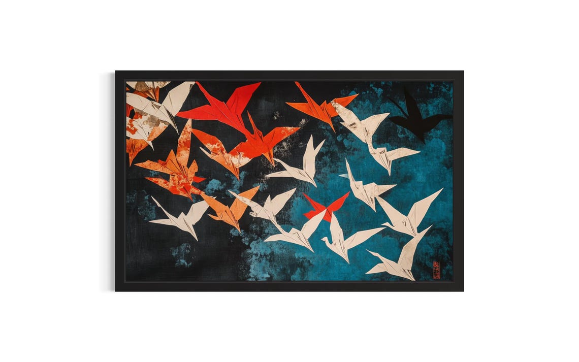 Origami Cranes in Red and White on Dark Teal Japanese Poster