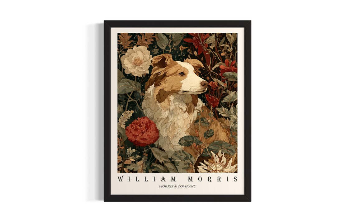 Brown and White Dog William Morris Botanical Floral Portrait Poster