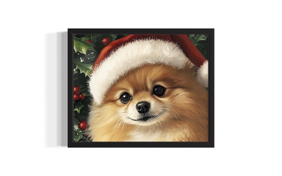 Christmas Pomeranian in Santa Hat with Holly Berries Art Poster