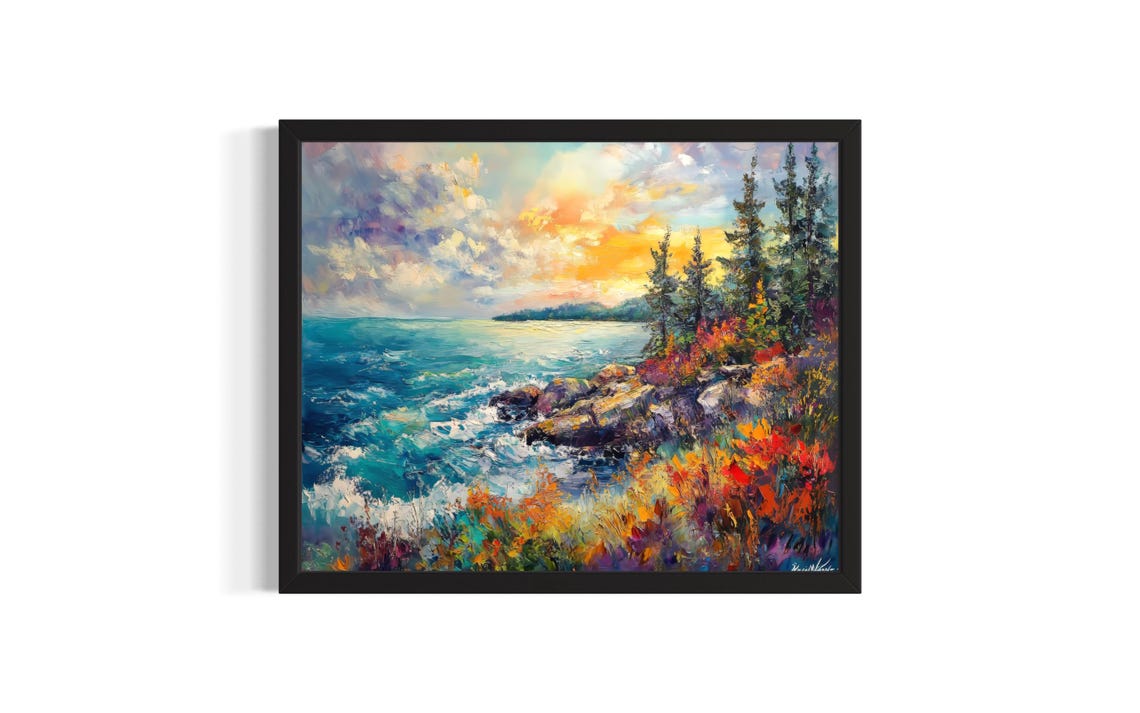 Rocky Ocean Coast at Sunset Impressionist Seascape Art Poster