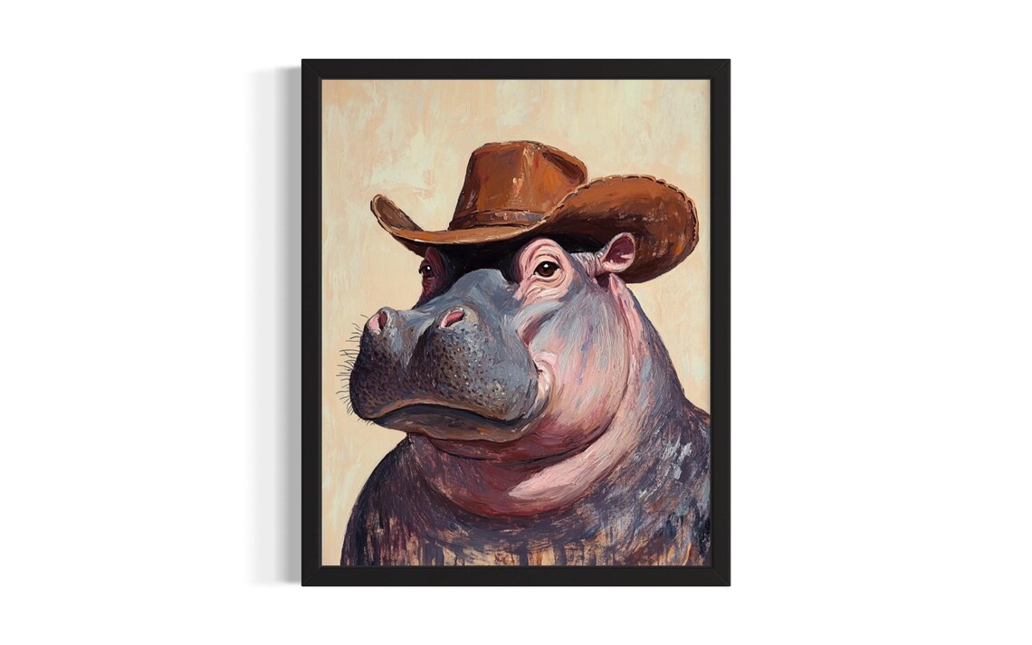Hippo Wearing Cowboy Hat Funny Western Portrait Poster Art Piece
