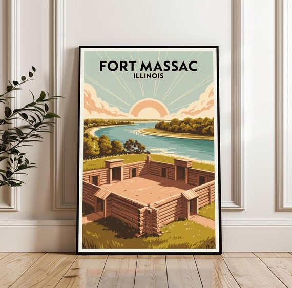 Fort Massac Illinois Wooden Palisade Riverside Sunrise Retro Travel Poster