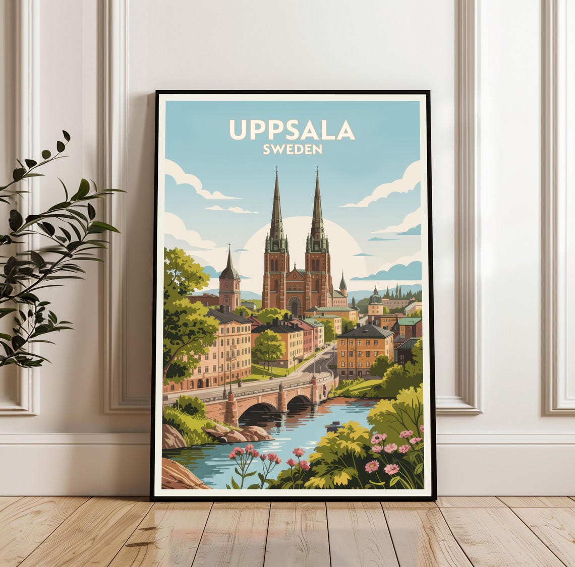Uppsala Sweden Cathedral Twin Spires River Retro Travel Poster