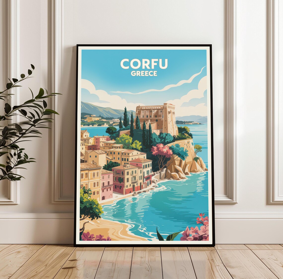 Corfu Greece Old Fortress Seaside Town Turquoise Bay Travel Poster