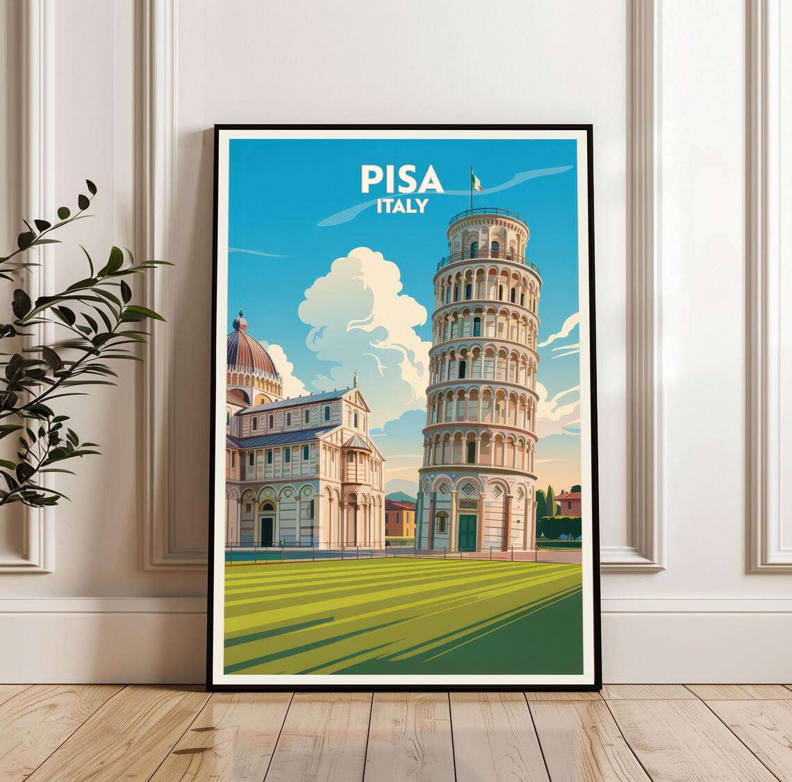 Pisa Italy Leaning Tower Cathedral Retro Style Travel Poster