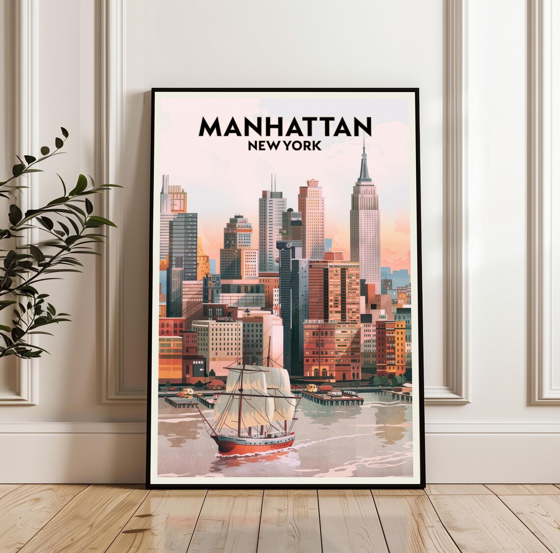 Manhattan New York Skyline Empire State Sailboat City Travel Poster