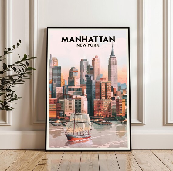 Manhattan New York Skyline Empire State Sailboat City Travel Poster