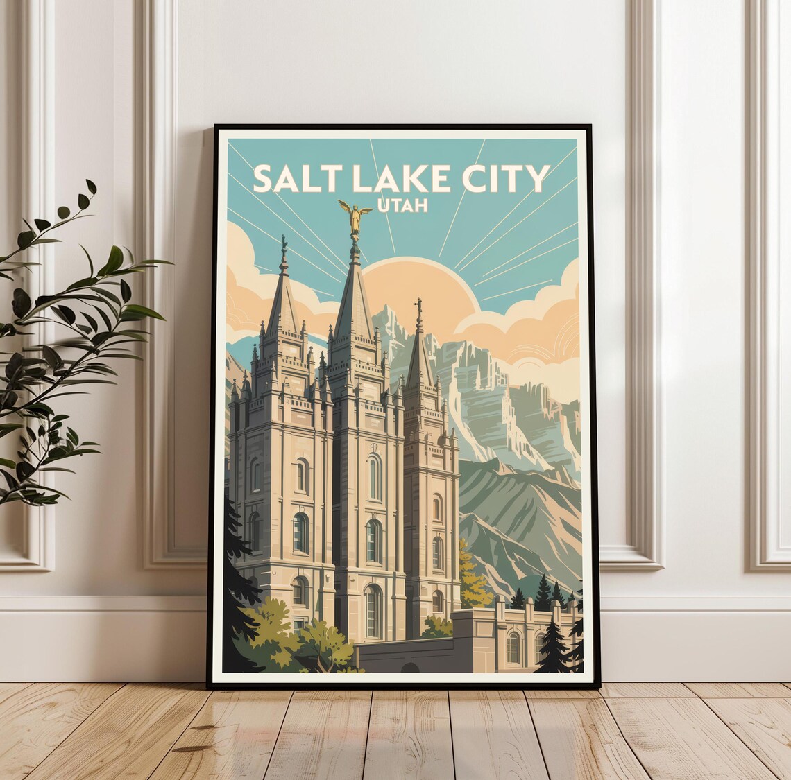 Salt Lake City Utah Temple Travel Vintage Mountain Scene Art Poster
