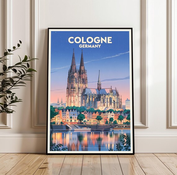 Cologne Cathedral Dusk River Reflection Germany Travel Poster