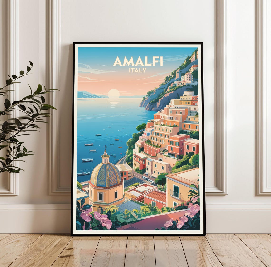 Amalfi Italy Sunset Coast Travel Poster Cliffside Town Seaside View
