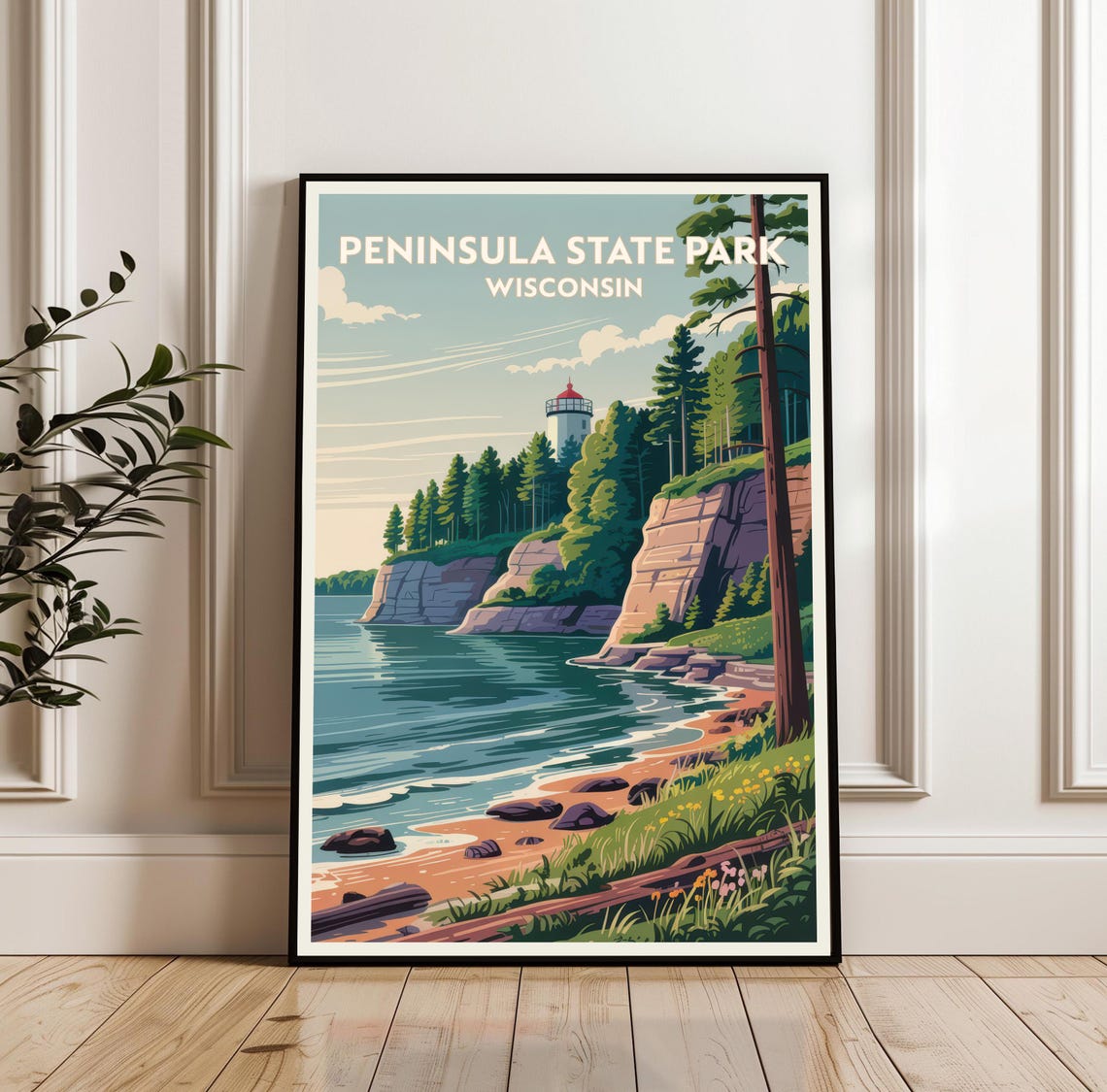 Peninsula State Park Wisconsin Lighthouse Shore Sunset Travel Poster
