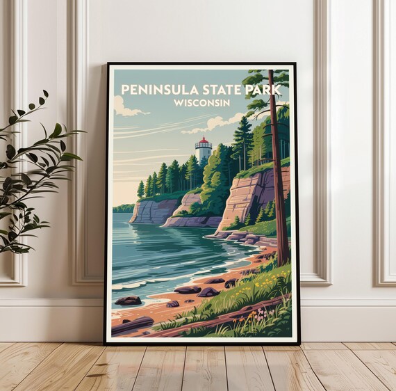 Peninsula State Park Wisconsin Lighthouse Shore Sunset Travel Poster