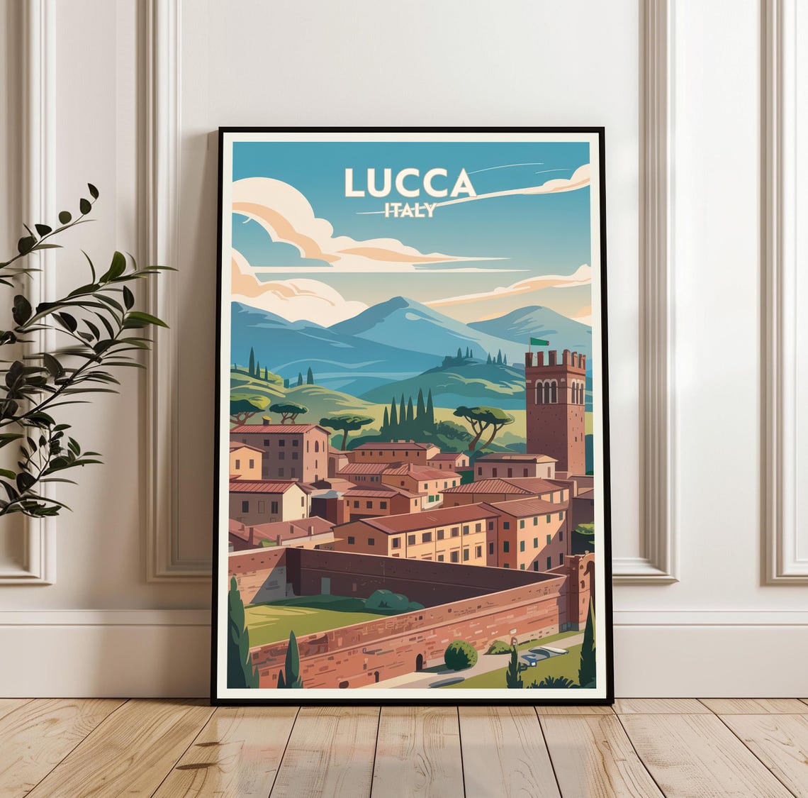 Lucca Italy Vintage Travel Poster Torre Guinigi Tower Tuscany