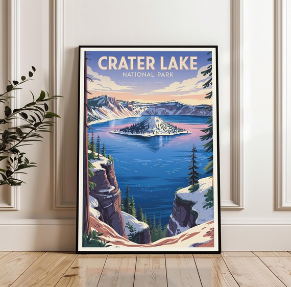 Crater Lake National Park Wizard Island Sunset Vintage Travel Poster