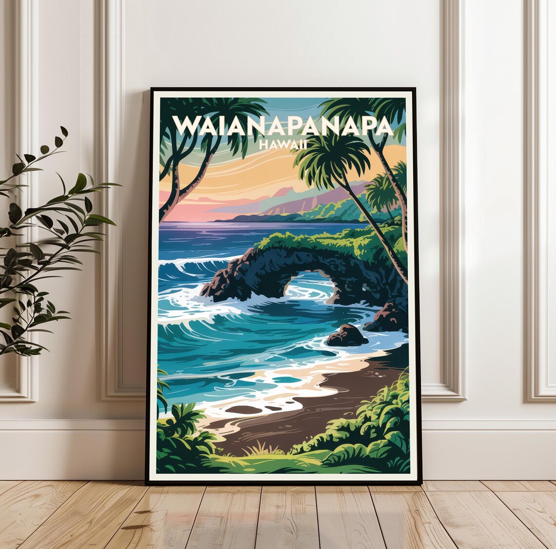 Waianapanapa Hawaii Black Sand Beach Sea Arch Retro Travel Poster