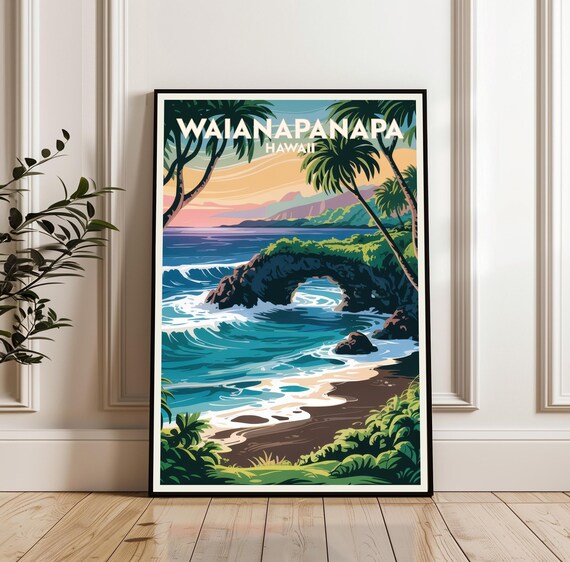 Waianapanapa Hawaii Black Sand Beach Sea Arch Retro Travel Poster
