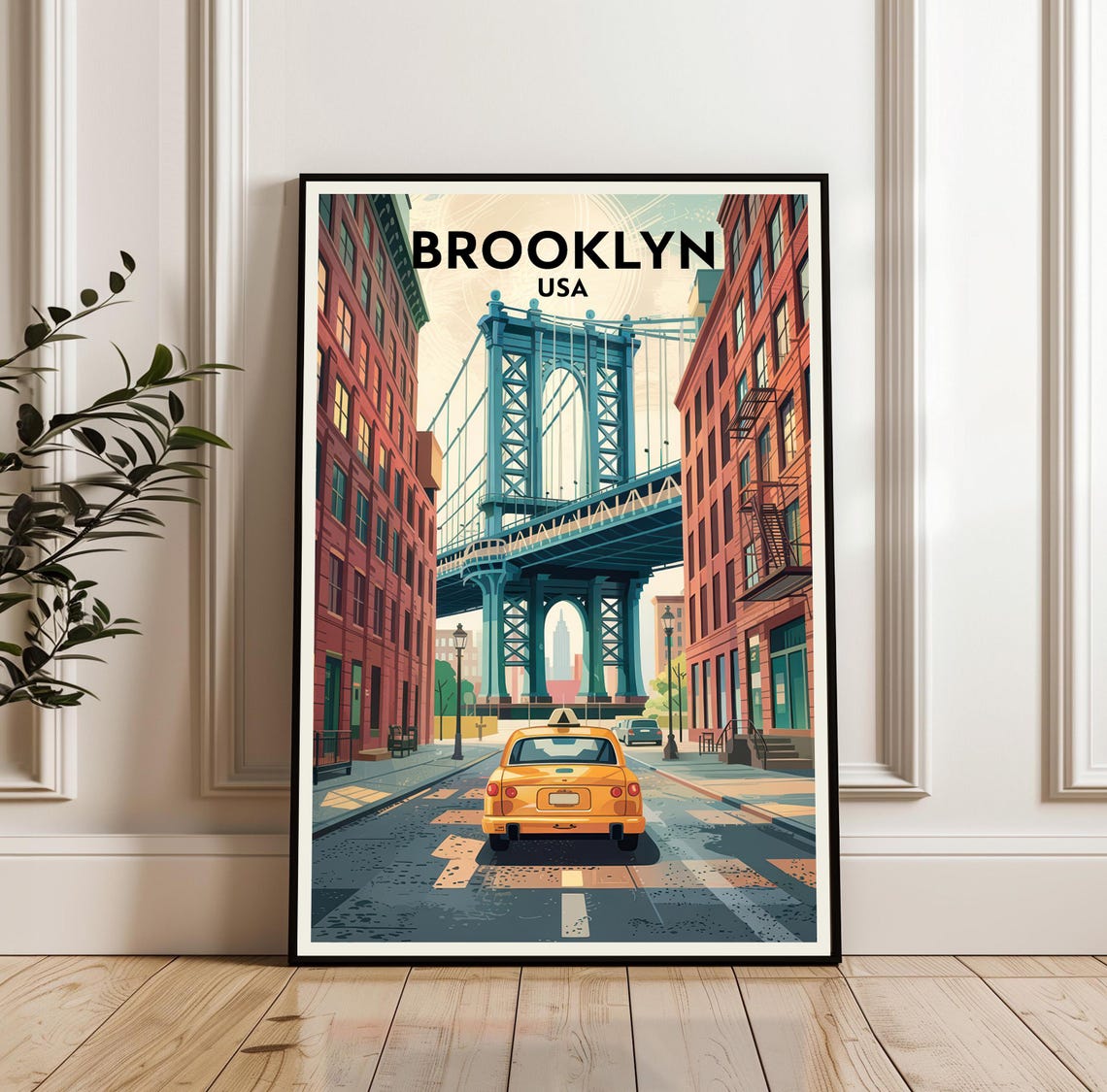 Brooklyn Manhattan Bridge Yellow Taxi New York Travel Poster