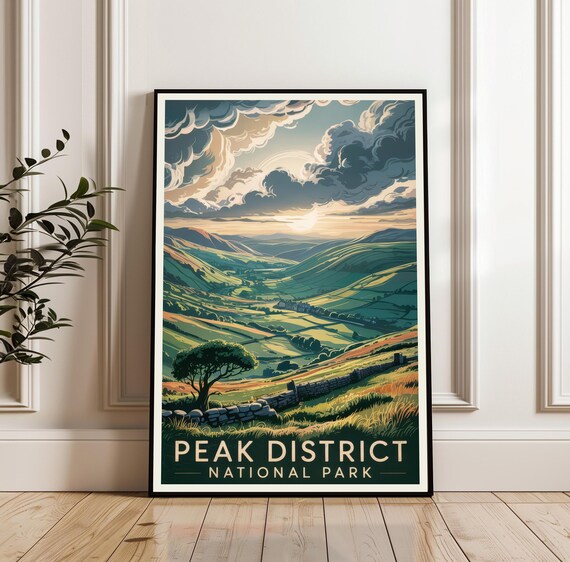 Peak District National Park Travel England Hills Sunset Meadow Art Poster