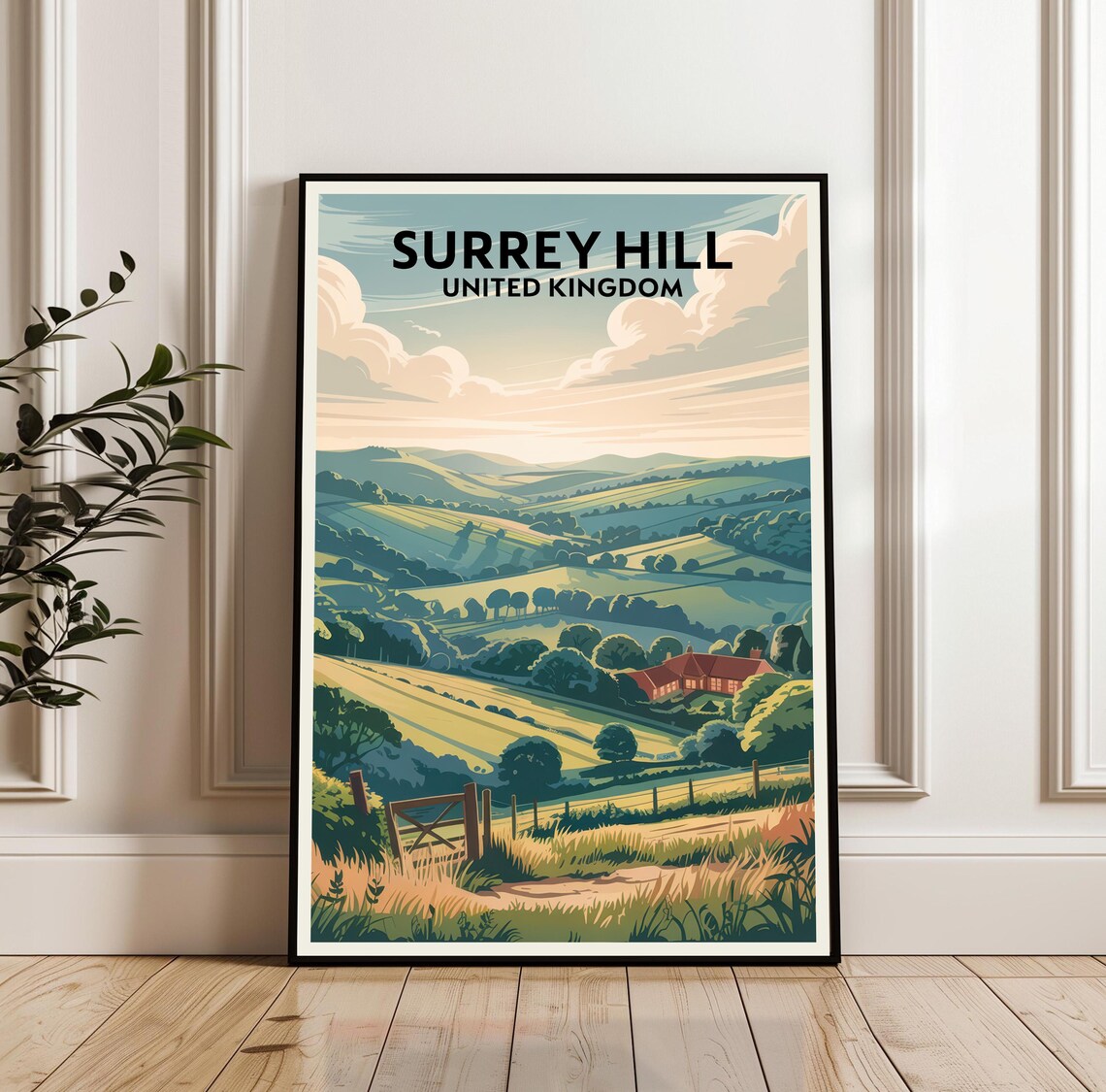 Surrey Hill United Kingdom Countryside Travel Poster with Rolling Hills