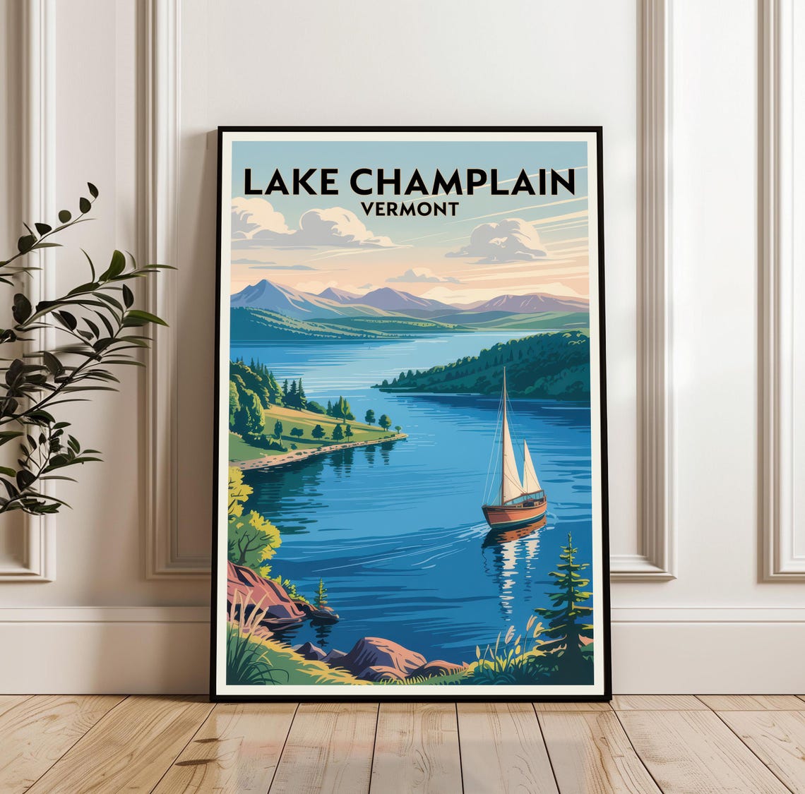 Stunning Lake Champlain Vermont Sailboat Scenic Lake Travel Poster