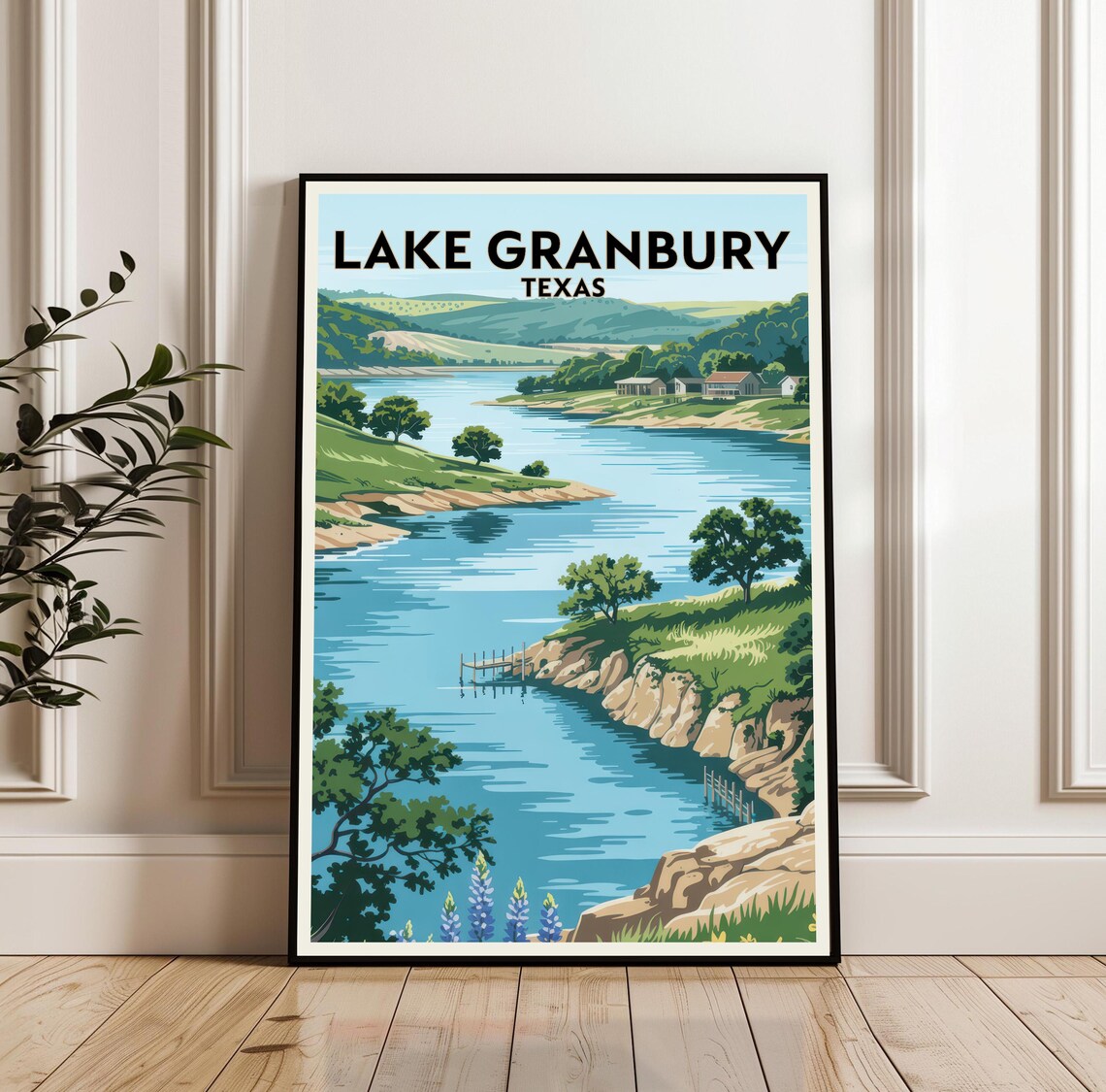 Lake Granbury Texas Shoreline Cliffs Vintage Travel Poster Lake View
