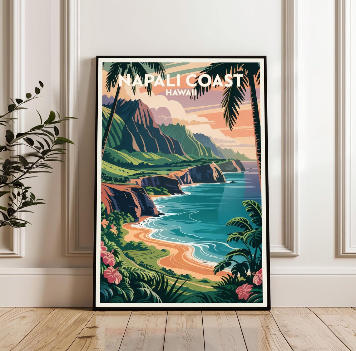 Napali Coast Hawaii Dramatic Cliffs Retro Beach Travel Poster