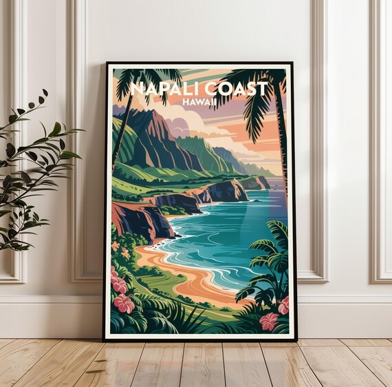 Napali Coast Hawaii Dramatic Cliffs Retro Beach Travel Poster