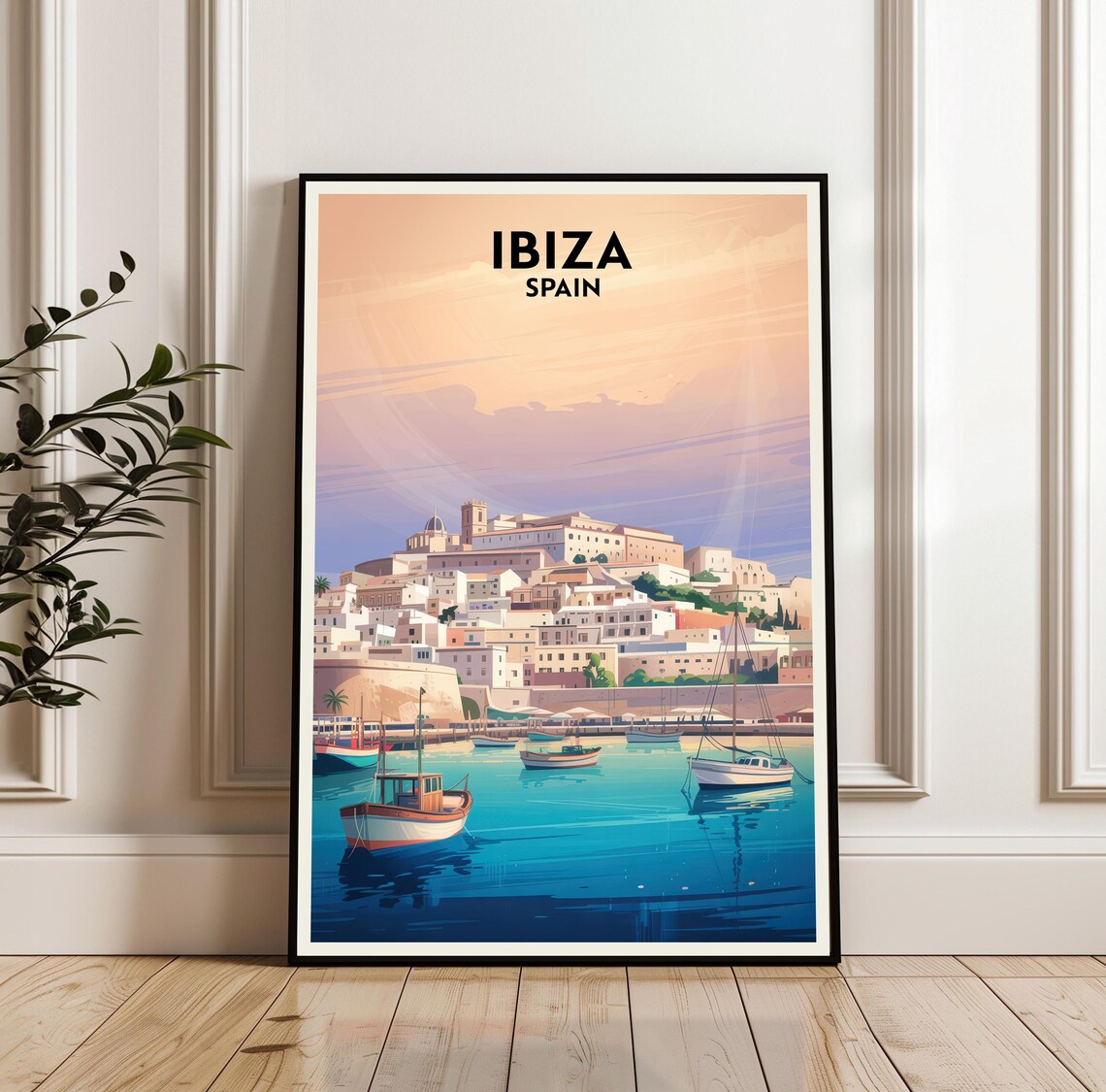 Ibiza Spain Harbor Boats Old Town Vintage Sunset Travel Poster