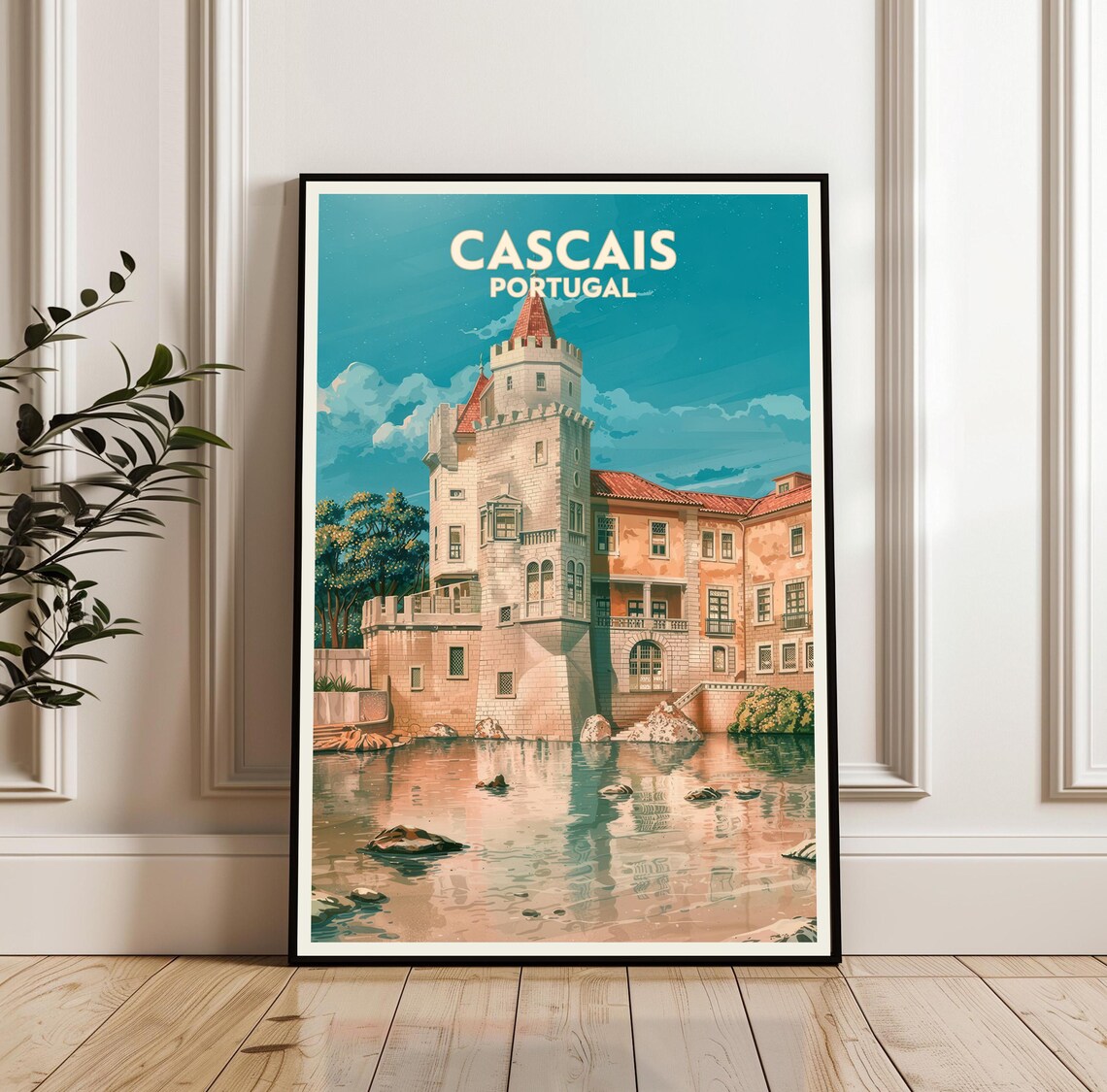 Cascais Portugal Riverside Castle On The Water Vintage Travel Poster