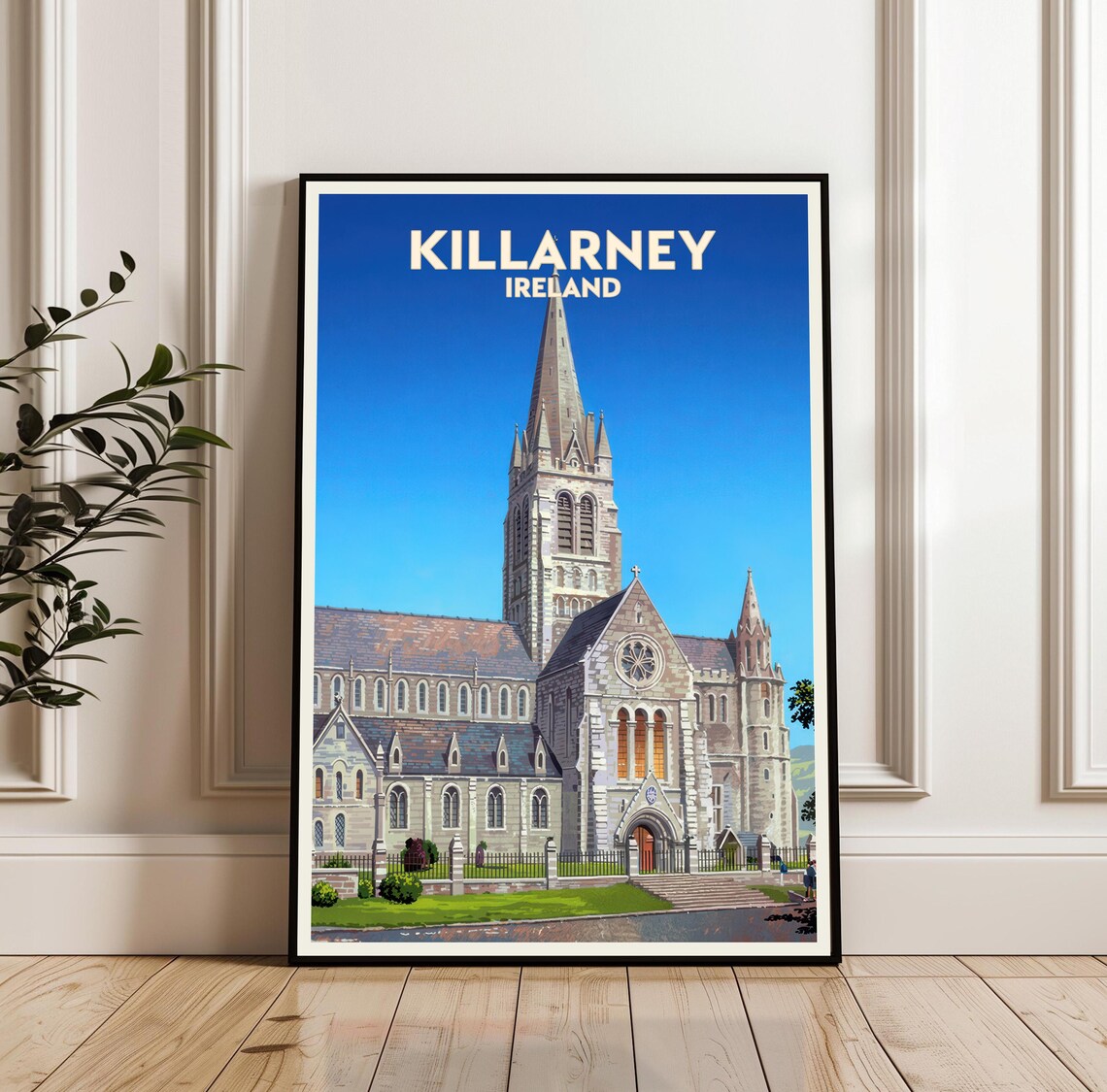 Killarney Ireland Cathedral Gothic Church Blue Sky Travel Poster