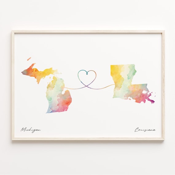Michigan Louisiana Watercolor Map Long Distance Heart Connection Poster