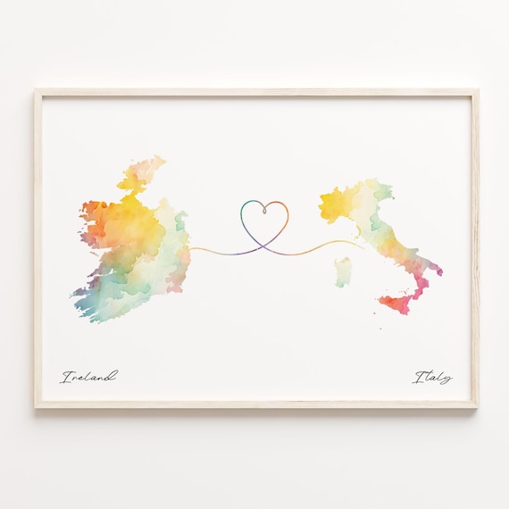 Ireland Italy Watercolor Map Heart Long Distance Love Poster