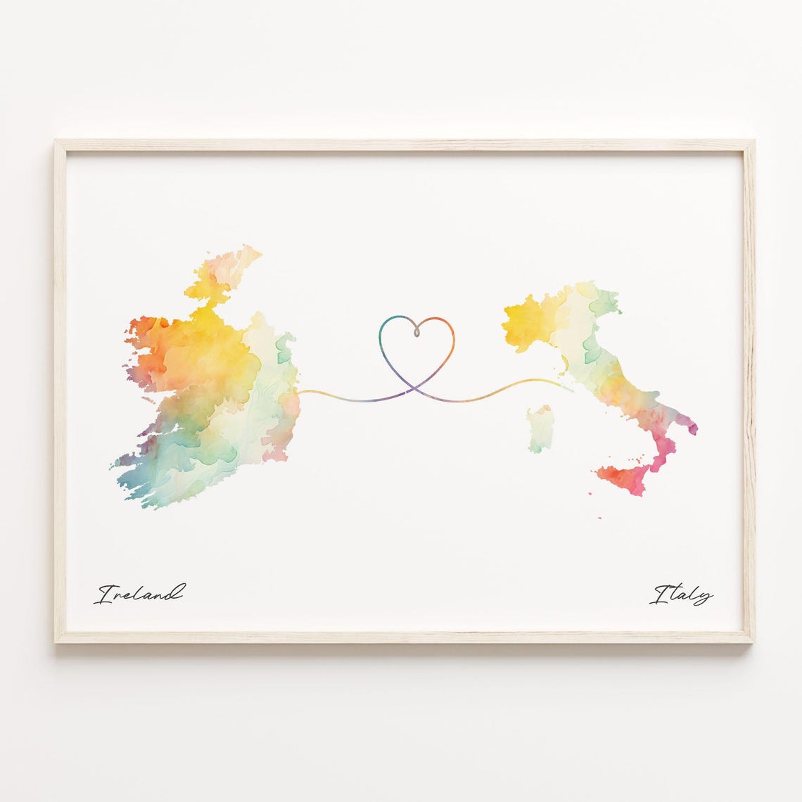 Ireland Italy Watercolor Map Heart Long Distance Love Poster