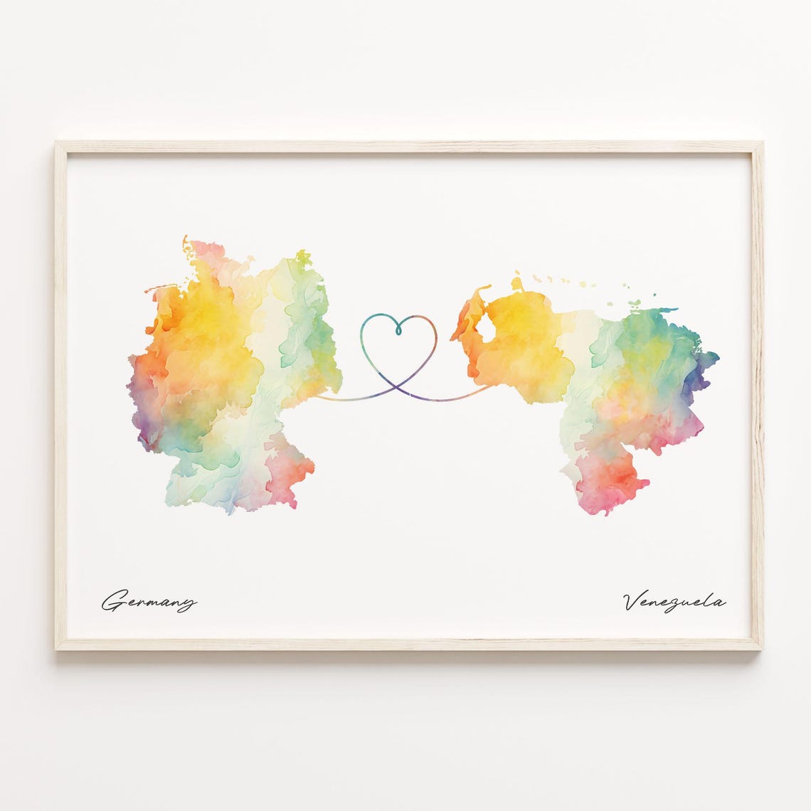 Germany To Venezuela Watercolor Heart Connection Map Gift Print