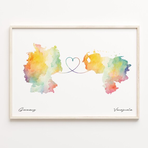 Germany To Venezuela Watercolor Heart Connection Map Gift Print