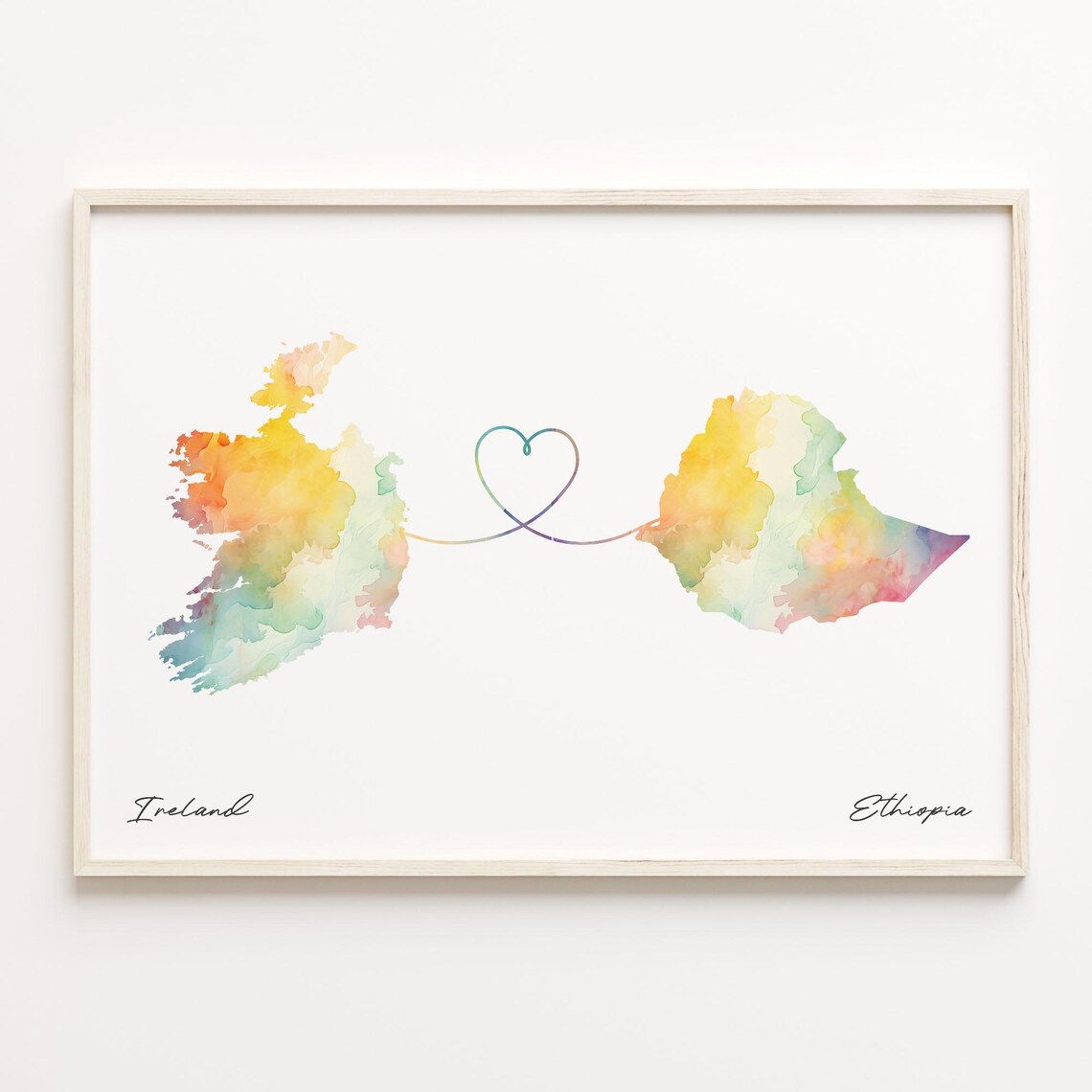 Ireland To Ethiopia Watercolor Countries Heart Map Connection Art Print