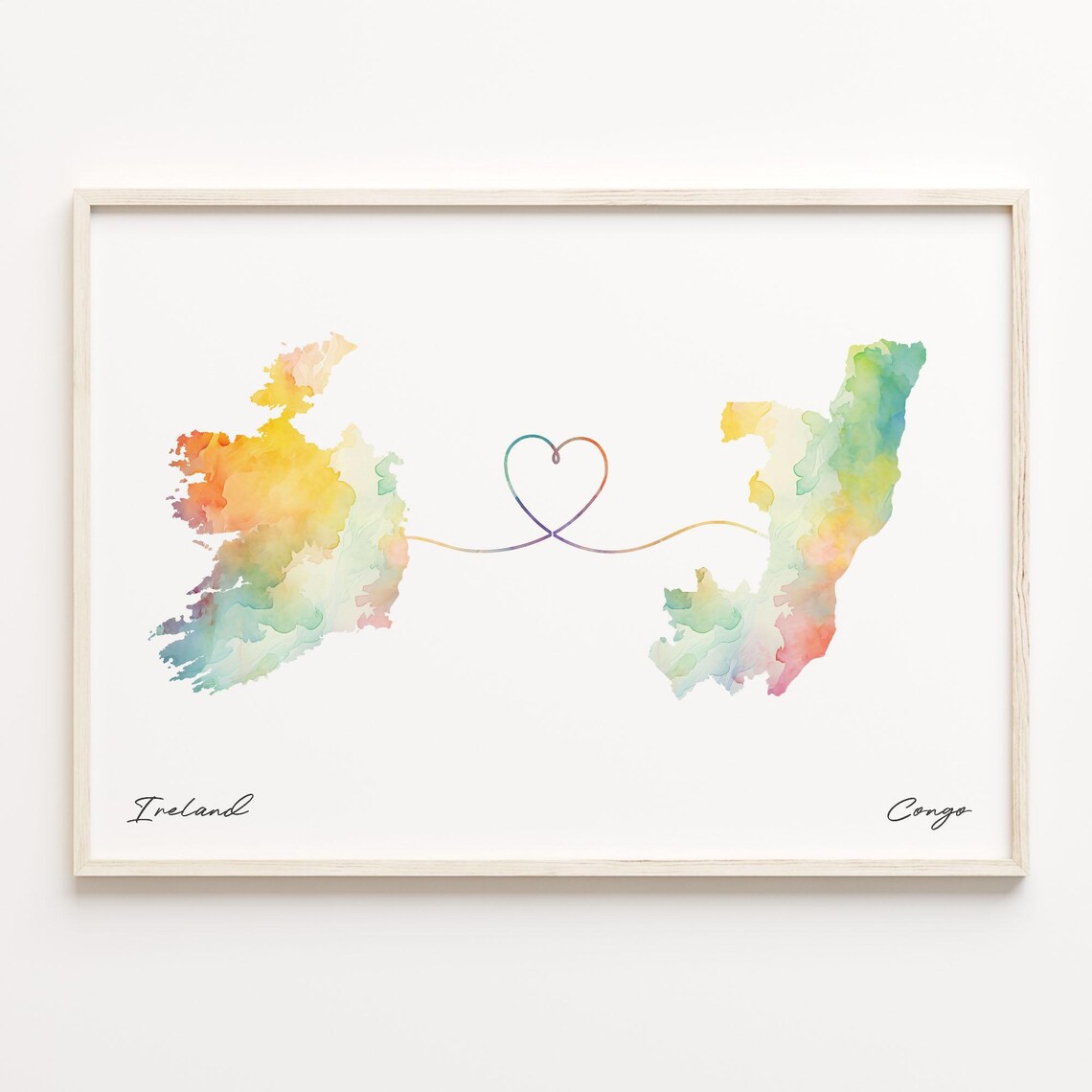 Ireland To Congo Watercolor Heart Map Long Distance Love Poster